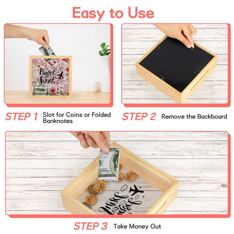 HuaArt Piggy Bank for Kids. Wooden Money Coin Bank for Boys and Girlsï¼ŒCoin Bank Money Bankï¼ŒNatural Wood Money Boxï¼ŒTravel Fund Printed on The Plexiglass Front. - Image 4